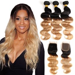 Ombre Body Wave T1B / 27 # Dark Root Honey Blonde Paquetes de cabello humano con cierre de encaje Tejido de cabello brasileño de color con cierre