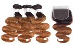 Ombre Brésilien Body Wave Hoim Hair Bundles avec 4x4 Close de dentelle 1B30 Blonde brésilien Human Fair Weave 3 Bundles with Close 8207665