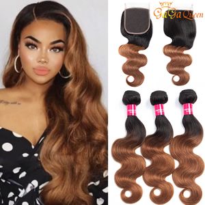 Ombre Braziliaanse Body Wave Menselijk Haar Bundels Met 4X4 Vetersluiting 1B/30 Blonde Braziliaanse Menselijk Haar Weave 3 bundels Met Sluiting