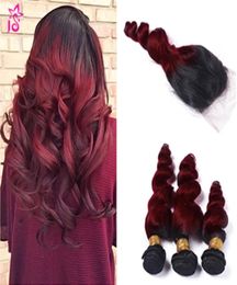 Ombre Brésilienne Lâche Vague Humaine Vierge Cheveux 99j Bourgogne Lâche Bouclé Pas Cher 3 faisceaux avec fermeture Trame de Cheveux Humains avec Vin Rouge 3456892