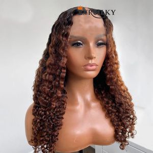 Ombre Brown Afro Kinky Curly V Part Perruques 100% Cheveux Humains Milieu / Côté Ouvert U Forme Blonde Curl Non Transformé Machine Complète Aucune Dentelle