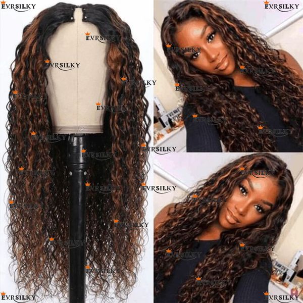 Ombre Brown Afro Kinky Curly V Part Perruques Pour Femmes 100% Cheveux Humains Milieu / Côté Ouvert U Forme Brun Curl Non Transformé Machine Complète