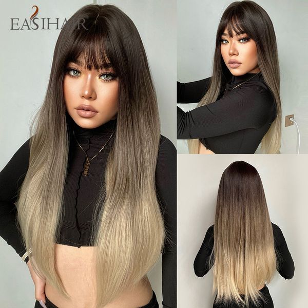 Ombre Brun Blonde Longue Ligne Droite Perruques Synthétiques avec Frange Naturel Gris Cendre Cosplay Cheveux Perruques pour Femmes Résistant À La Chaleur usine directe