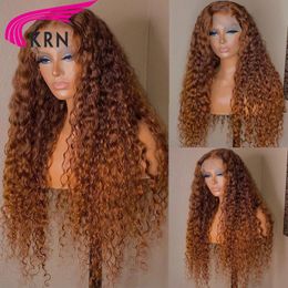 Perruques bouclées de couleur brun moyen pour femmes noires simulation de cheveux humains brésiliens longue vague profonde perruque avant en dentelle synthétique ligne de cheveux naturelle