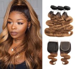 Paquets de cheveux bruns ombrés avec fermeture 1B 30 racines foncées cheveux péruviens vague de corps 3 paquets avec fermeture à lacets 4x4 Extension de cheveux Remy9925706