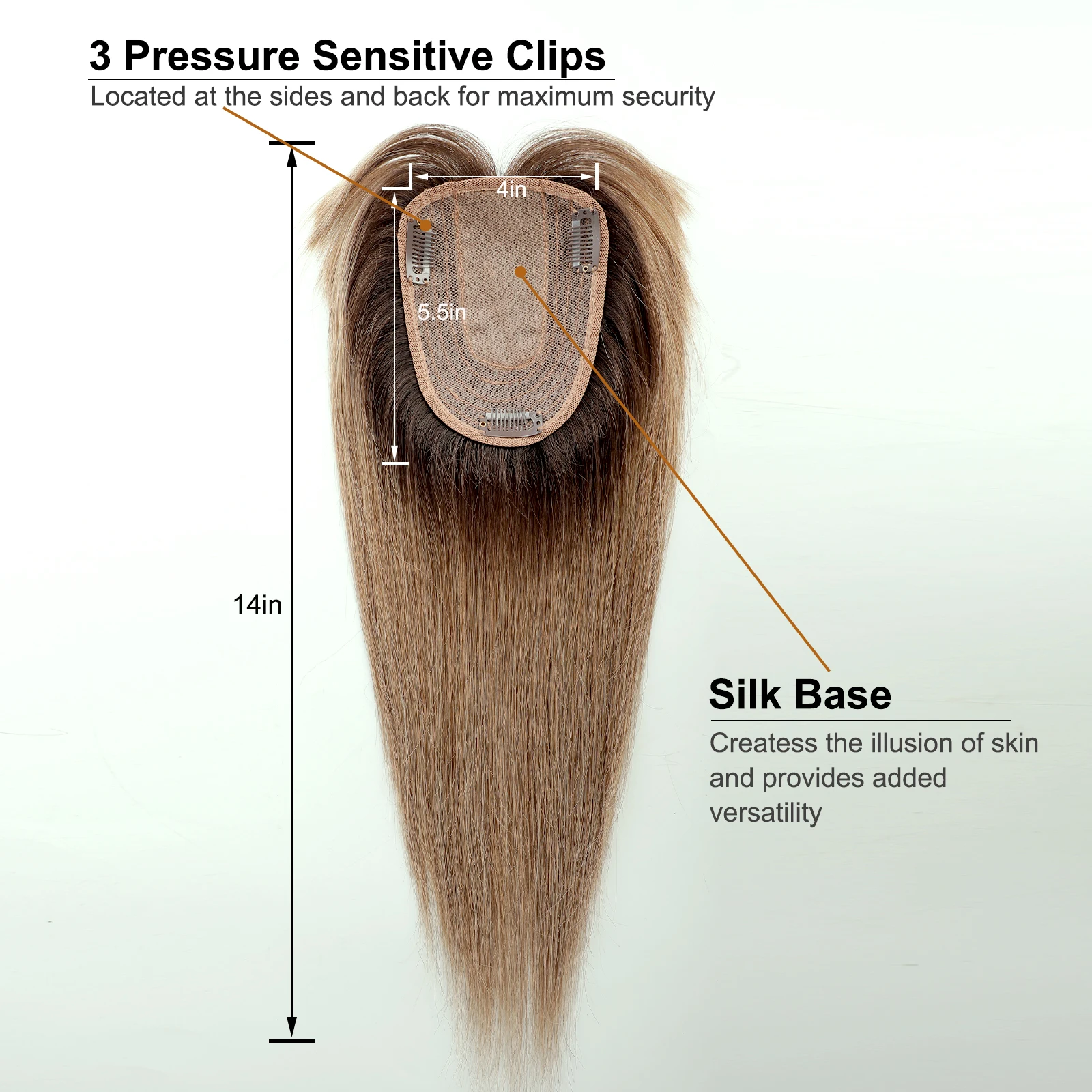 Ombre Brown Topper Hair Piece med Bangs 100% Remy Human Silk Base Clip Hairs Topper för kvinnor med tunnare hårförlängningar