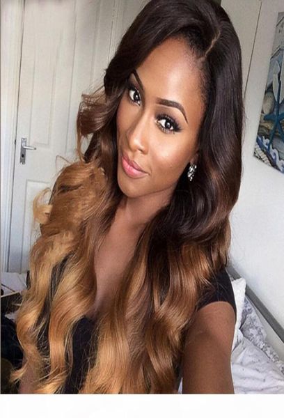 Ombre marrón u Part Wigs Human Hair Wavs Body Brazilian Remy Cabello derecho Parte 14 Color de dos tono para mujeres negras2729902