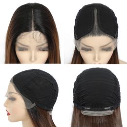 Ombre Brun Yaki Droite Synthétique Avant de Lacet Perruque Partie Moyenne Avec Des Cheveux De Bébé Coiffure Naturelle Dentelle Perruques Pour Les Femmes Noiresusine directe