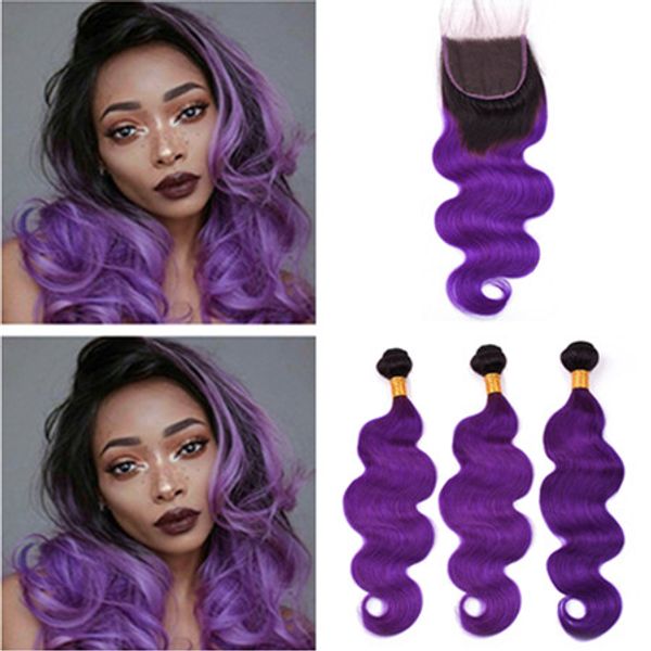 Ombre Bundles con cierre Brazilian Body Wave # 1B Purple Ombre Weaves Human Hair 3 Bundles con cierre de encaje Ombre Purple Hair Extensions