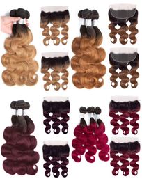 Ombrebundels met frontale sluiting Peruaanse Maagdelijke Body Wave Tweekleurige Donkere Wortels Weefsel van echt haar Honingblond Bruin Wijnrood Colo7950839