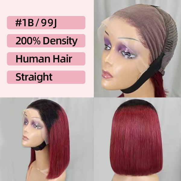 Ombre Burgundy Color Crowg Wig Bobohair полный фронтальный парик для волос для волос с человеческими волосами с полными головными уборами короткие шорты Humanhair парик
