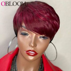 Ombre Bourgogne Rouge Couleur Courte Pixie Coupe Courte Bob Perruques De Cheveux Humains Pour Les Femmes Noires Brésilienne Perruque Droite Avec Une Frange Naturelle