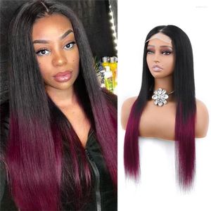 Ombre Bourgogne Perruque Brésilienne Cheveux Raides Dentelle Fermeture Perruques Pour Les Femmes Noires Humain 4x4 Pouces Clousre Avec Bébé