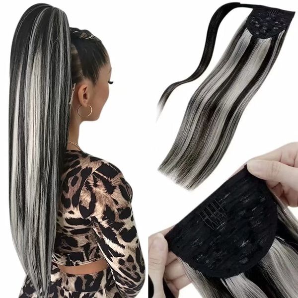 Ombre Clip en Extensiones de cola de caballo Cabello humano real Apagado negro Desvanecimiento a gris plateado Balayage Cabello humano Recto natural Conjunto de cabeza completa 16in 140grams