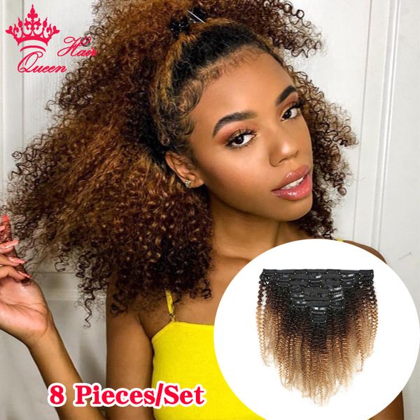 Ombre Color # 1B / 4/27 Clip en extensiones de cabello humano para mujeres negras Afro Kinky Curly Clip en cabeza completa 8 piezas y 120 g / Set Queen Hair Products