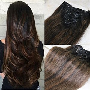 Ombre Kleur Remy Menselijk Haarbundels # 1B Natuurlijk Zwart tot # 6 Medium Bruin en Natuurlijke Zwarte Clip in Human Hair Extensions 7PCS 120G