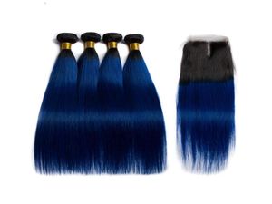 Trame de cheveux humains Remy lisses bleu foncé, couleur ombré T 1BD, trame de 3 tissages avec fermeture en dentelle 4x4, 3904525