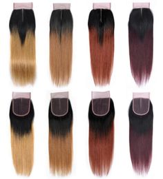 Leveranciers van ombre gekleurd haar Weefsel van echt haar Middelste deel 4x4 Vetersluiting Extensions Naturel Zwart 1B27 1B30 1B33 1B99J5920110