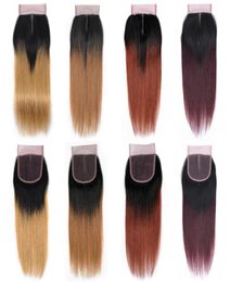 Leveranciers van ombre gekleurd haar Weefsel van echt haar Middelste deel 4x4 Vetersluiting Extensions Naturel Zwart 1B27 1B30 1B33 1B99J9516563