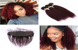 Ombre Color Kinky Curly 3Bundles con cierre frontal de encaje de oreja a oreja 1B 99j Extensiones de cabello afro rizado con encaje frontal 13x43581080