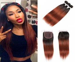 Ombre Couleur Deux Tons Armure 1B33 Auburn Extensions de Cheveux Raides Bundles avec Fermeture À Lacets Non Transformés Vierge Cheveux Humains Vendor5228283