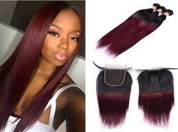 Ombre Couleur Deux Tons Armure 1B99j Extensions de Cheveux Raides Weave Bundles avec Partie Fermeture En Dentelle Non Transformé Vierge Humaine Ha1503906