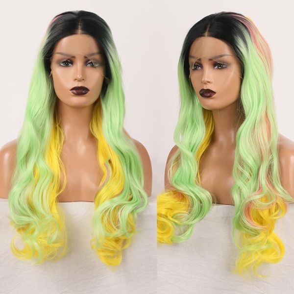 Perruque Lace Front Wig synthétique colorée ombrée, perruque Body Wave longue en Fiber de haute température pour femmes, Cosplay
