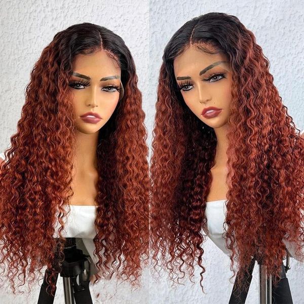 Ombre Cobre Rojo Frente de encaje largo para mujeres negras Raíces oscuras Afro Rizado Fibra de calor sintética Cabello Uso diario