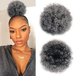 Ombre donkerdere grijs kinky krullende afro puff trekstring paardenstaart korte mens 4c grijs broodjes extensies updo haarstukken voor zwarte vrouwen 100 g