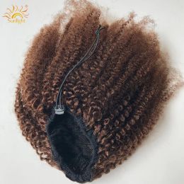 Ombre à craqs à cordon pour poneytail humain Extensions de queue de cheval à cheveux humains Afro Curly Ponytail Remy Brazilian Hair Ponyton T1B / 4/27 T1B / 99J