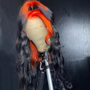 Ombre gember oranje gekleurde kanten voorkant menselijk haarpruiken voor vrouwen transparante kanten lichaamsgolf synthetische pruik voorgeplukt 180%