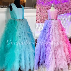 Robe de concours de fille ombrée 2023, robe de bal carrée avec ceinture en cristal, robe de soirée formelle d'anniversaire pour petits enfants, pour adolescents, rose, bleu, multi-couleurs contrastées, tulle à volants