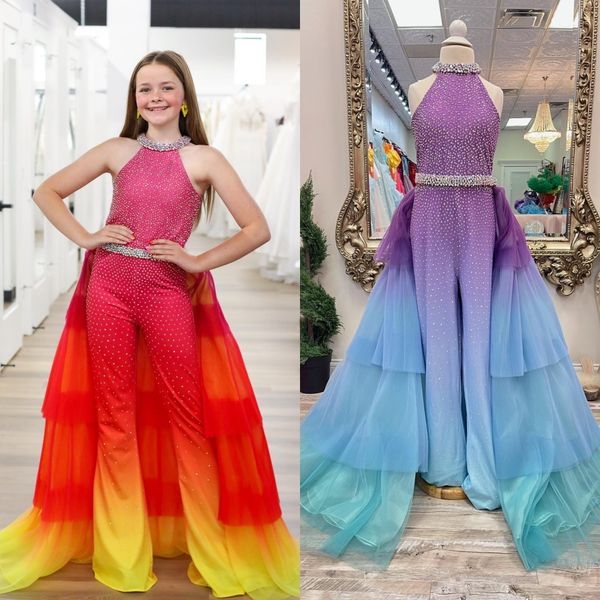 Ombre Girl Pageant Dress Jumpsuit 2023 Stretch Lycra Crystals Romper Tulle Overskirt Little Kid Cumpleaños Fiesta formal Vestido Adolescentes Diversión Moda Moonlight Sunset