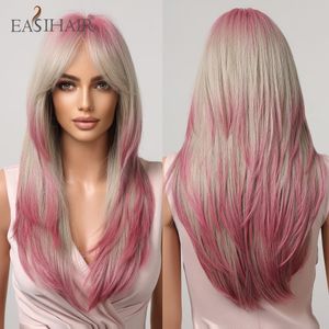 Pelucas sintéticas con flequillo de color gris, rubio y rosa degradado, peluca de pelo de Lolita larga y recta para mujer, resistente al calor, directo de fábrica