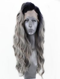 Perruque Lace Front Wig synthétique grise ombrée, cheveux en Fiber résistante à la chaleur, perruques de Cosplay longues ondulées bicolores grises pour femmes 2562373