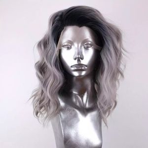 Ombre Gray Korte Bob Haar Natuurlijke Golf Synthetische Kant Wig Voor Vrouwen Vrije Delen Hittebestendige Make-up Pruiken