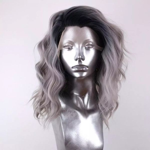 Perruque Lace Front Wig synthétique courte grise ombrée, perruque Bob ondulée naturelle pour femmes, perruque de maquillage résistante à la chaleur avec raie libre