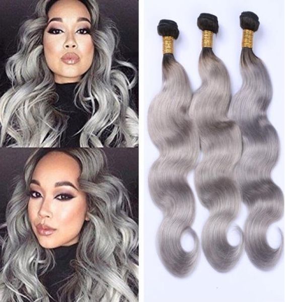 Ombre Gris Vierge Extensions de Cheveux 1B Gris 3 Bundles Vague de Corps Cheveux Humains Noir et Gris Ombre Cheveux Armure 1228 pouces 1770079