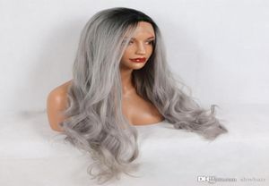 Pelucas grises ombré, media mano atada, larga, ondulada, raíz oscura, gris, fibra resistente al calor, peluca sintética gris ombré con encaje frontal para mujeres negras 9689389