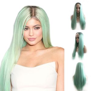 Perruque Lace Front Wig synthétique lisse et longue, vert ombré, perruque naturelle noire/verte résistante à la chaleur