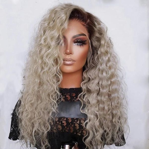 Ombre Gris Blonde Lace Front Cheveux Synthétiques Pour Femmes Résistant À La Chaleur Fibre Brun Racines Long Bouclé