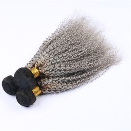 Ombre Gray Curly Human Hair Bundles 2 Tone 1b Grijze Braziliaanse Kinkys Krullend Maagd Haar Weave Inslag 3 stks / partij Zwart en Grijze Bundels