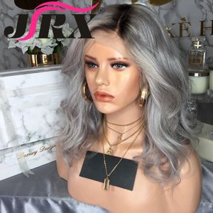 Ombre Gray Lace Front Menselijk Haar Pruik Pre Geplukt Transparante Synthetische Pruiken voor Dames Cosplay Party