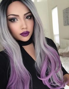 Gris ombre gris mezclado color púrpura peluca segura cabello sintético pelucas de ola de naturaleza sedosa