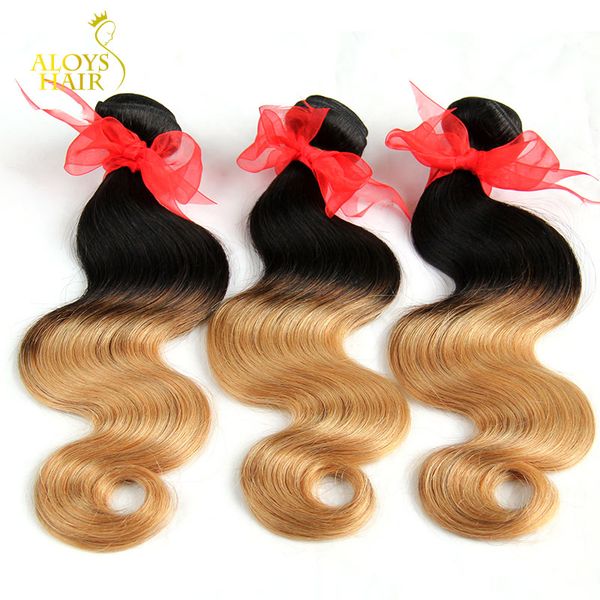 Extensiones de cabello Ombre Dos tonos 1b / 27 Rubio Ombre Pelo brasileño de la onda del cuerpo Paquetes de armadura de cabello humano indio malasio peruano Trama doble