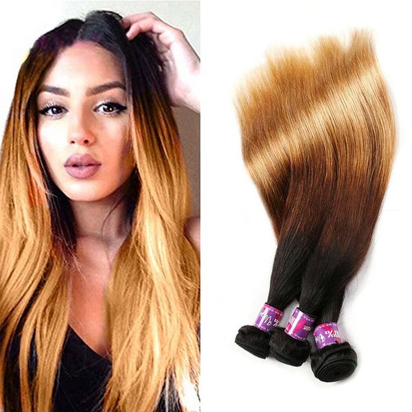 Extensiones de cabello humano brasileño degradado, 3 tonos, 1b/4/27, rubio brasileño, Remy, venta al por mayor, ofertas de extensiones de cabello liso de colores