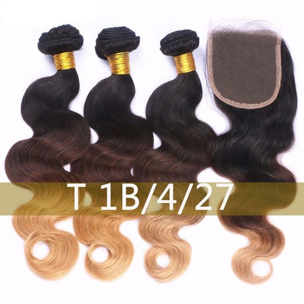 Extensiones de cabello Ombre con cierre de encaje # 1b 4 27 Barato Tres tonos Brasileño Onda del cuerpo El cabello humano virgen teje paquetes con cierre superior