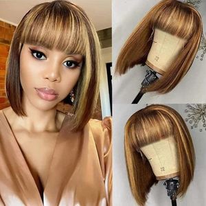 Perruque Bob Lace Front Wig brésilienne Remy avec frange, cheveux lisses, à reflets ombrés, blond ombré, densité 180%