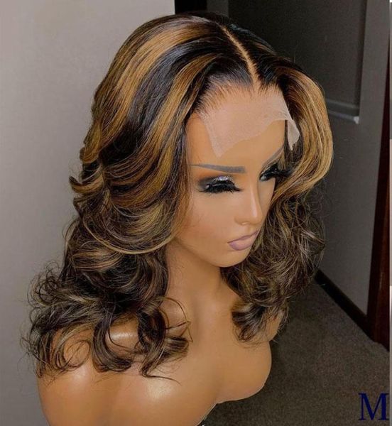 Perruque Lace Front Wig à reflets ombré, Body Wave, cheveux de bébé, 13x4, pré-épilés, court, dégradé humain, brun, mi-long, curly1365290