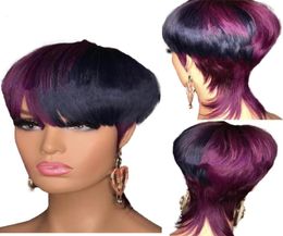 Ombre hoogtepunt Rose Purple Color Remy Human Hair Wigs Pixie Short Cut Bob Braziliaans Straight No Lace Front Wig1077430